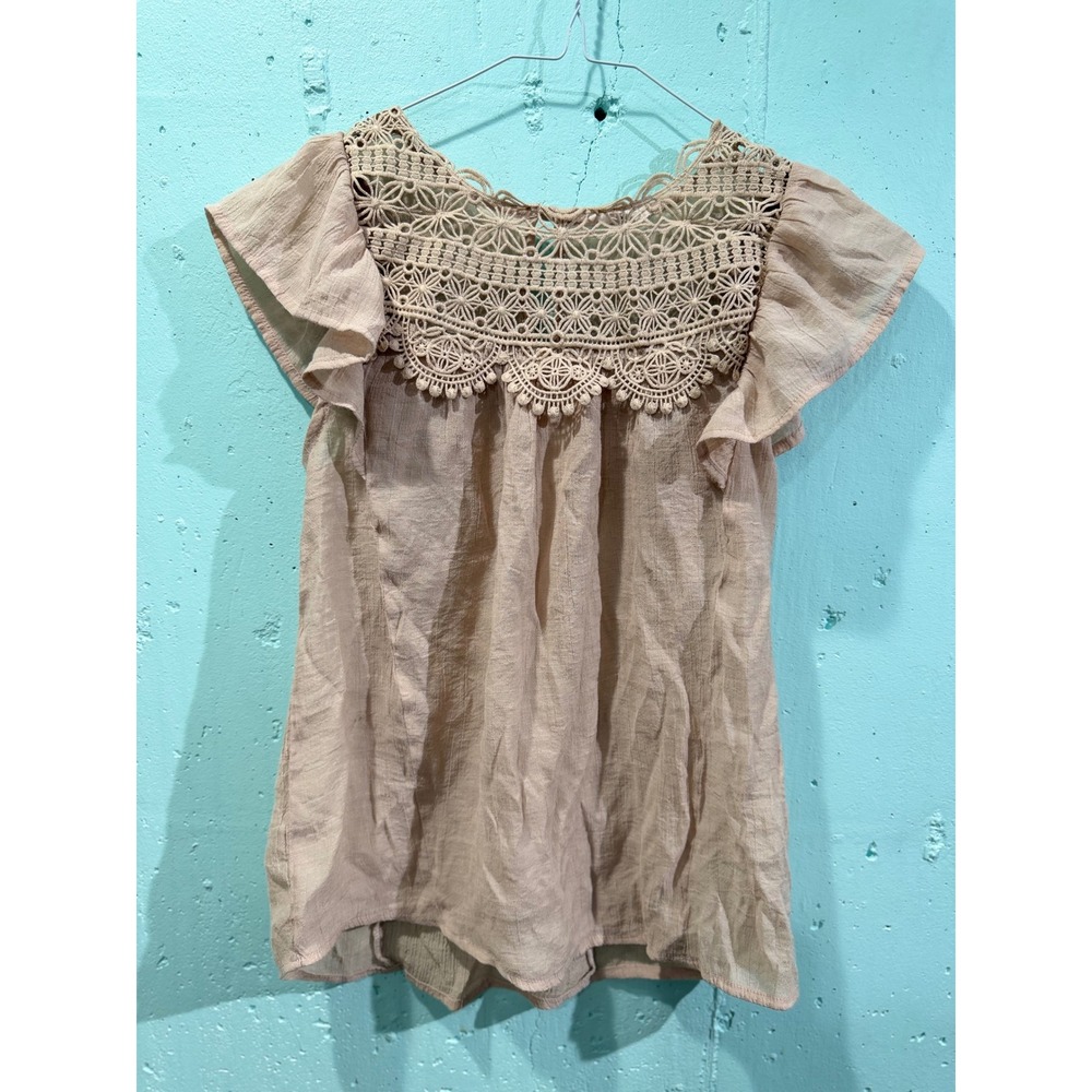 MINE Women Tan Crochet Lace Yoke Flutter Sleeve Boho Blouse Small TB8323